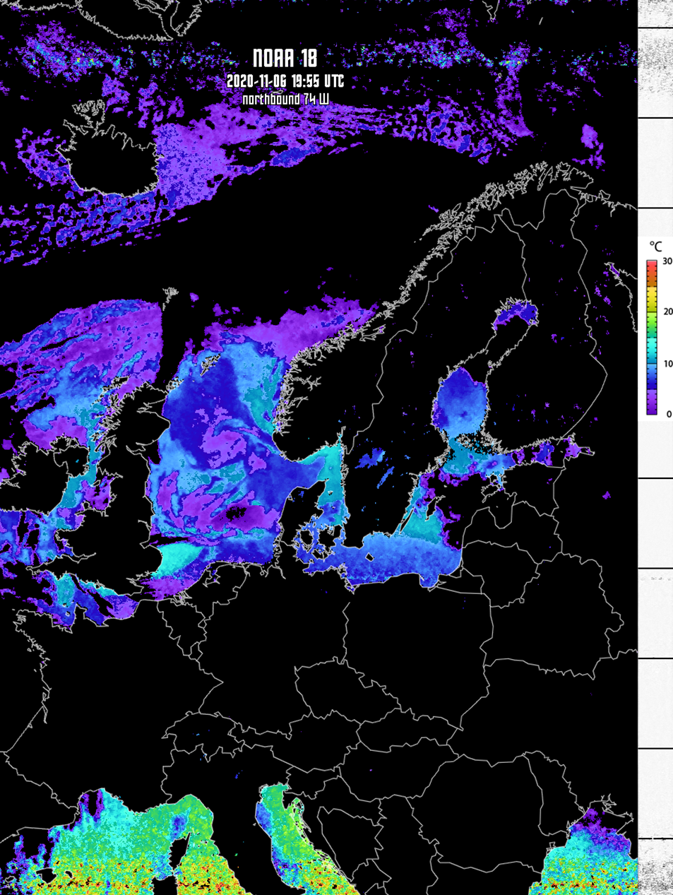 Behandlad vädersatellitbild från NOAA-18 som visar ytvattentemperatur (SST) i norra Europa. Svart är landmassa och molntäcke och färgerna representerar ytvattentemperatur som motsvarar skalan till höger. Foto: Vidar Petersson