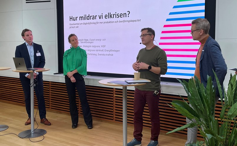 Rapporten "Hur mildrar vi elkrisen?" släpptes förra onsdagen. Medverkande i panelsamtalet var Simon Wakter, strategisk rådgivare på WSP, Miriam Münnich Vass, energiexpert på Teknikföretagen, Niclas Damsgaard, chefstrateg på Svenska kraftnät, och Carl Berglöf, senior rådgivare på Energiföretagen. Foto: Ana Cristina Hernández